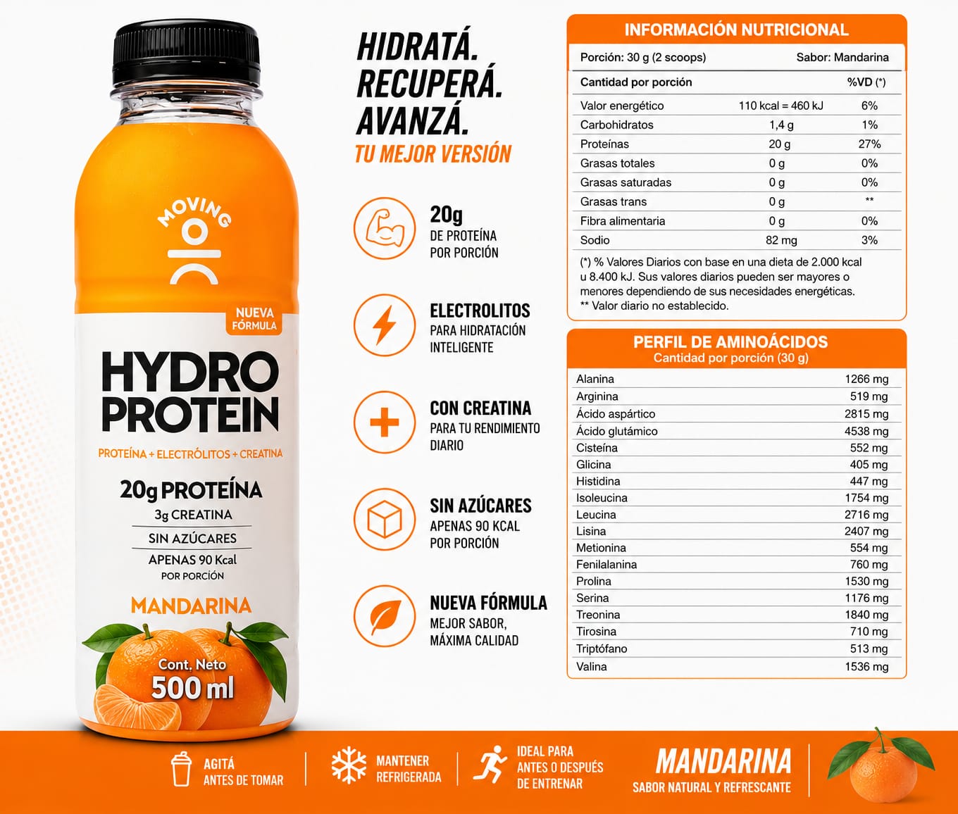 MOVING HYDRO PROTEIN - Sabor Mandarina 500ml.